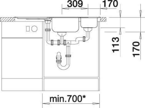 BLANCO 513093 DELTA, Keramik PuraPlus, vanilla, mit Ablauffernbedienung, mit Schale, Becken links, 700 mm Untermaß