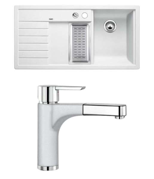 Blanco 513777 Trisona 6S LI PD WEISS mit BLANCO 512970 PYLOS-S Küchenmatur Silgranit Weiß Chrom Hochdruck