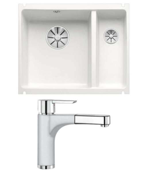 BLANCO 523743 SUBLINE 350_150-U Keramik Weiß matt mit BLANCO 512970 PYLOS-S Küchenmatur Silgranit Weiß Chrom Hochdruck