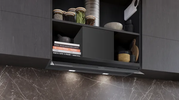 Siemens LJ97BDP60 iQ500 Integrierte Designhaube 90 cm Klarglas schwarz bedruckt, Mattschwarz